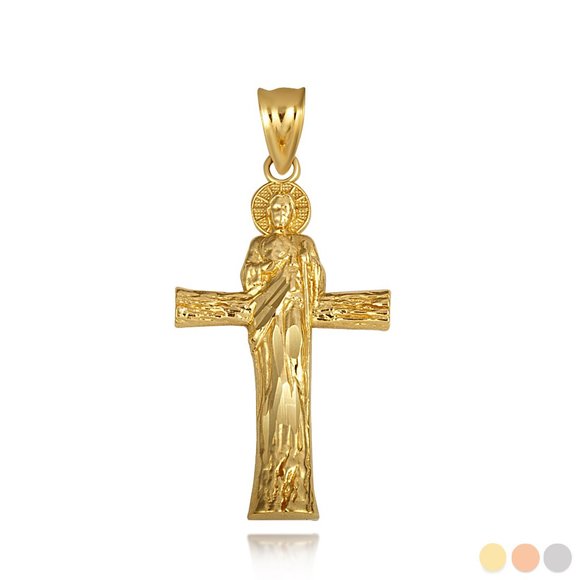 14K Solid Gold Saint Jude Patron Saint of Hope Cross Pendant -Yellow, Rose White